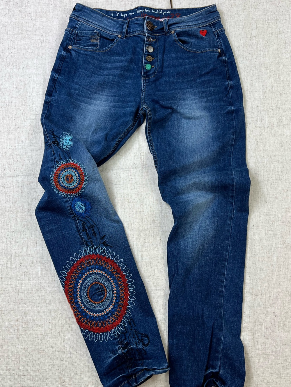 Desigual Exotic Jeans Embroidered Mandala Boho Denim Straight Leg Size 28